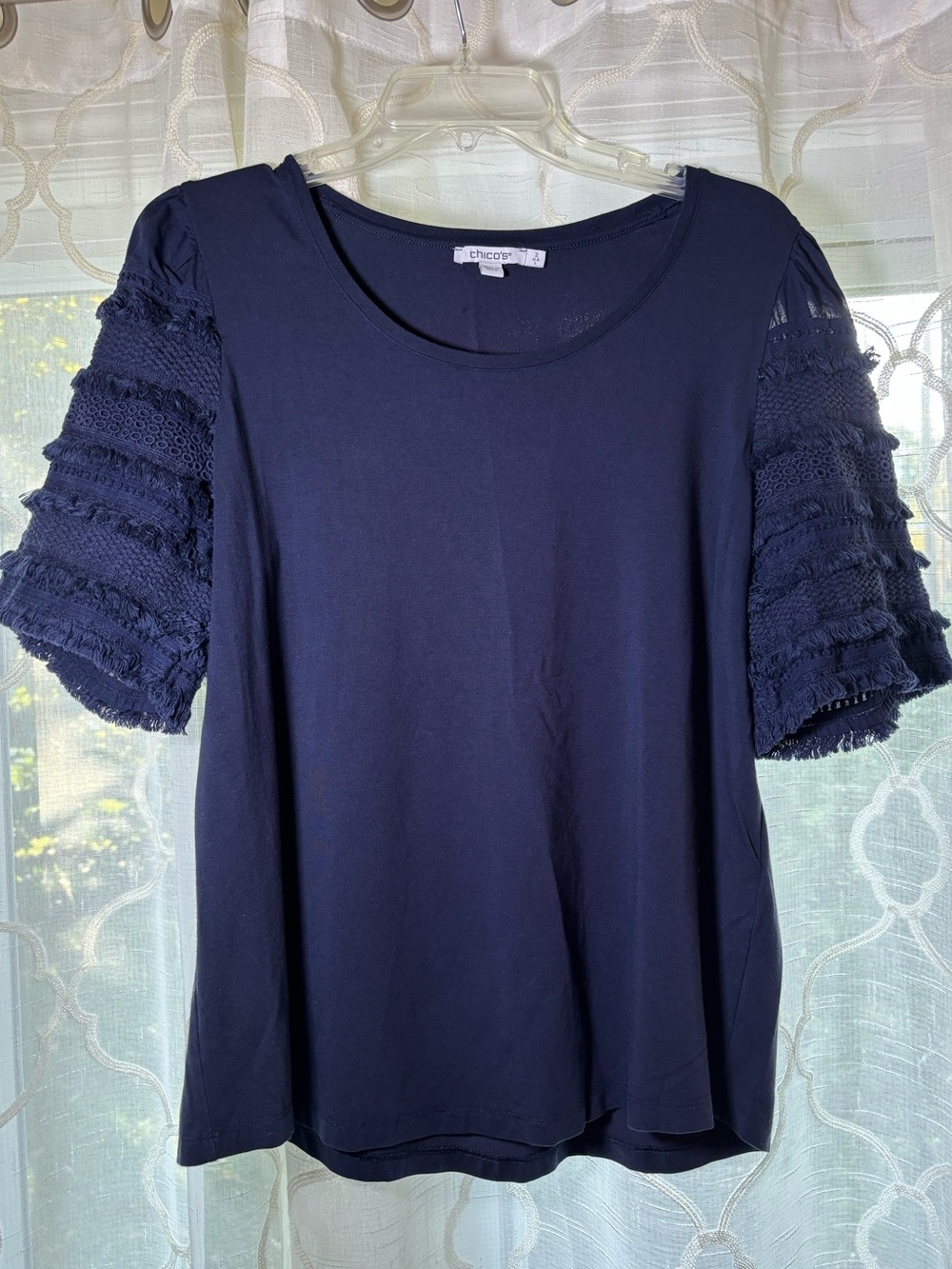 Navy blue CHICOS cotton top tee short sleeve   LARGE Chicos size 2 eyelet fringe